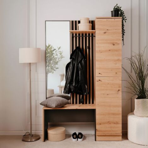 Meuble d'entrée avec façade striée et miroir couleur chêne et anthracite 122x190H cm - Medan