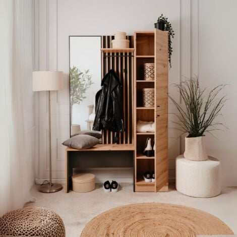 Meuble d'entrée avec façade striée et miroir couleur chêne et anthracite 122x190H cm - Medan