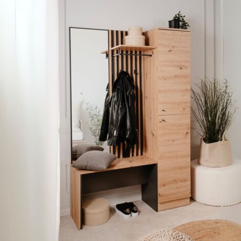 Meuble d'entrée avec façade striée et miroir couleur chêne et anthracite 122x190H cm - Medan
