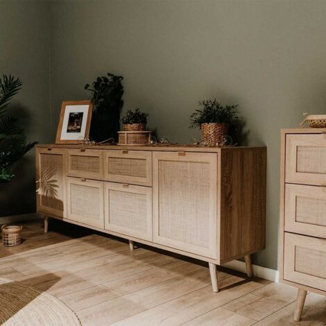 Toscohome – Buffet 4 portes et 2 tiroirs 180x70h cm effet osier – Structure chêne – Pieds en chêne – Facile à nettoyer - BALI 51 B