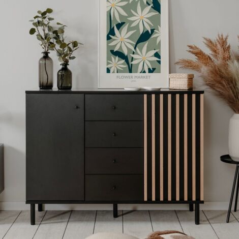Buffet 2 portes et 4 tiroirs noir avec moulures en chêne 118x90H cm - Bresso (1/5)