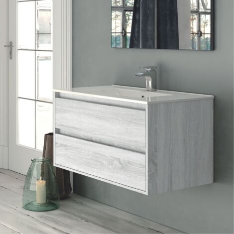 Armoire de toilette murale avec 2 tiroirs en chêne gris glacier 80x45x48H cm - Konni (1/2)