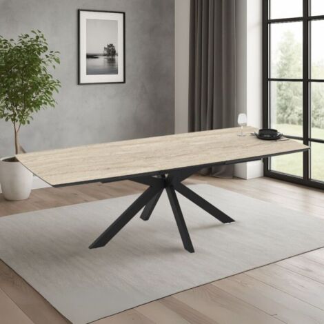 Table à rallonge, plateau effet marbre beige travertin et piétement noir 180/240x100x76H Verano (1/5)