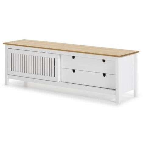 Meuble TV avec porte coulissante quadrillée et tiroirs en bois massif 158 coloris blanc et marron pin (1/5)