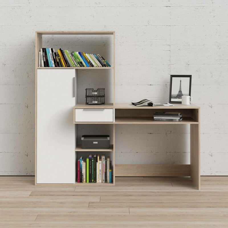 Bureau Ferrante, Bureau multiposition avec bibliothèque, Table d'étude  d'angle avec 1 porte, 111x82h139 cm, Blanc et Chêne Nodi