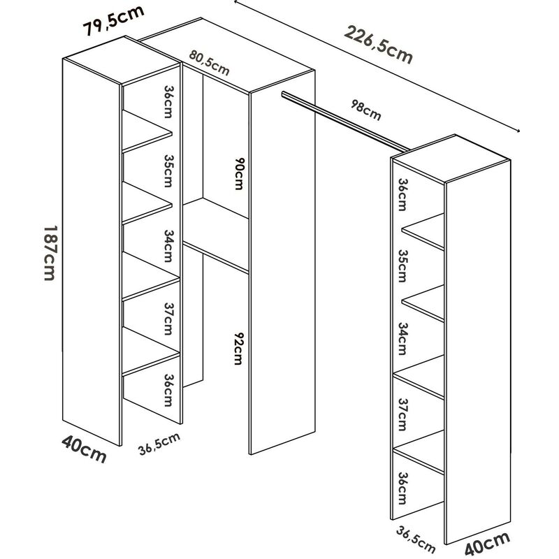 Dmora - Armoire Quadro, Structure pour dressing d'angle, Porte-manteau d' angle ouvert, 228x79h187 cm, Blanc, avec emballage renforcé