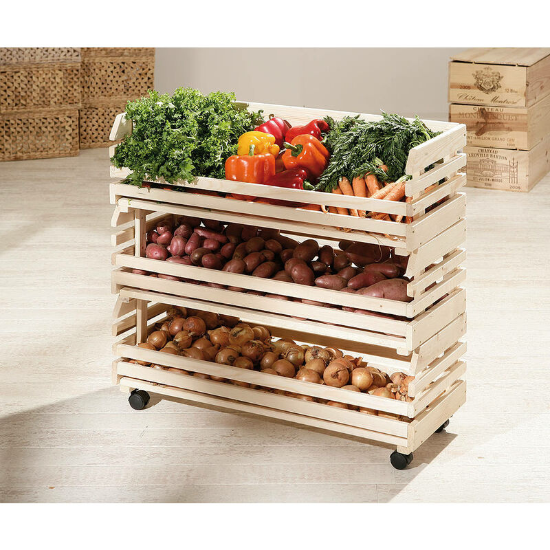 Rangement fruits et légumes en bois avec 3 tiroirs amovibles