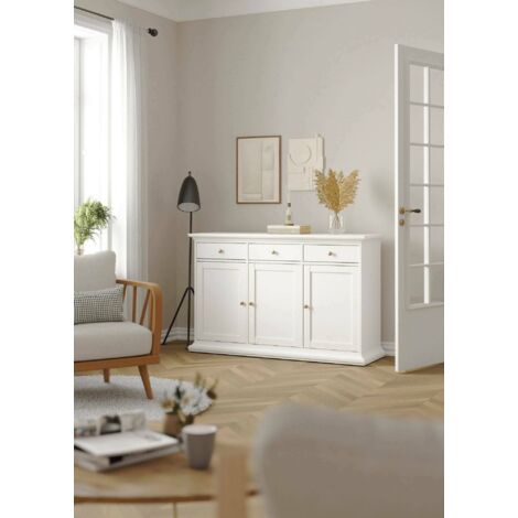 Dmora Buffet avec trois nates et trois tiroirs, couleur blanche, 143,7 x 91,66 x 46,1 cm, avec emballage renforcé (1/5)