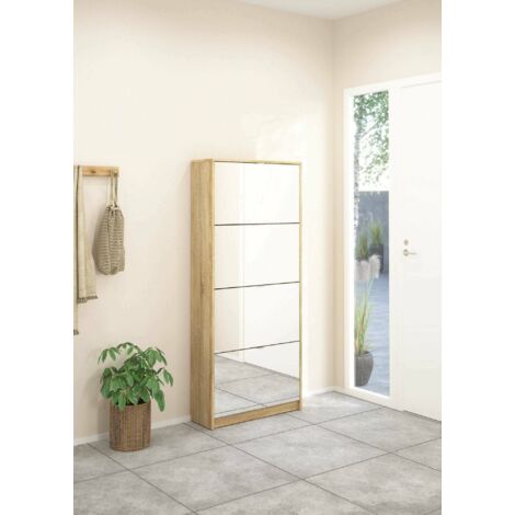 Dmora Meuble à chaussures avec quatre portes miroir et double profondeur, couleur chêne, 70,3 x 162 x 24,05 cm, avec emballage renforcé (1/5)