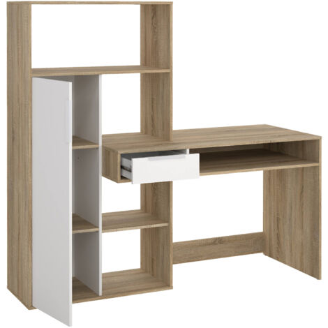 Dmora Bureau multifonction avec bibliothèque, Table d'étude, parfait pour une chambre ou un bureau moderne, cm163x60h155, couleur Blanc et Chêne