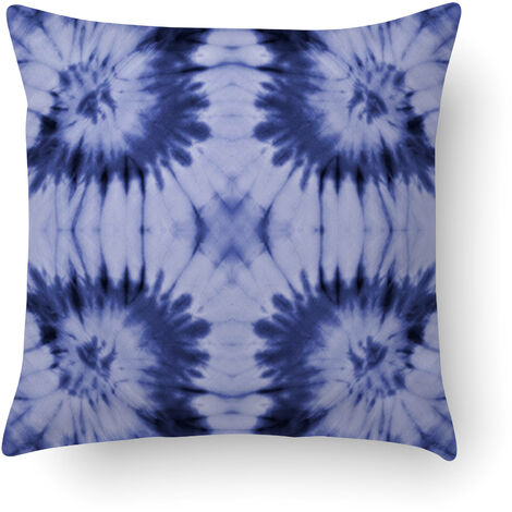 Oreiller, housse de coussin lin recyclé 60x60 motif tie and dye bleu marine