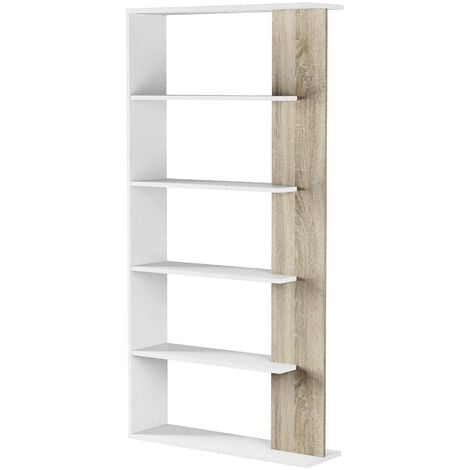 Dmora Bibliothèque Columbia, Bibliothèque double face avec 5 étagères, Étagère de séparation de bureau ou de chambre, cm 90x25h180, Blanc et Chêne, avec emballage renforcé