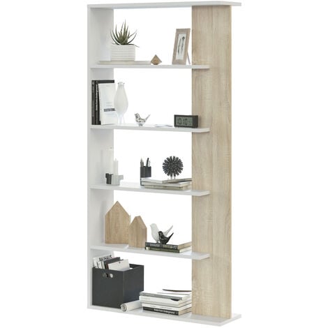 Dmora Bibliothèque Columbia, Bibliothèque double face avec 5 étagères, Étagère de séparation de bureau ou de chambre, cm 90x25h180, Blanc et Chêne, avec emballage renforcé