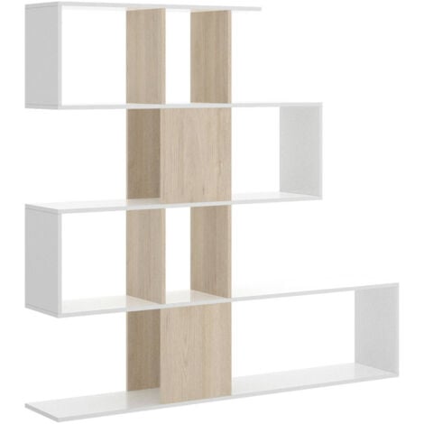 Dmora Librairie Pueblo, Bibliothèque à 7 compartiments, Étagère de bureau moderne, Unité murale avec étagères, cm 145x29h145, Blanc et Chêne, avec emballage renforcé