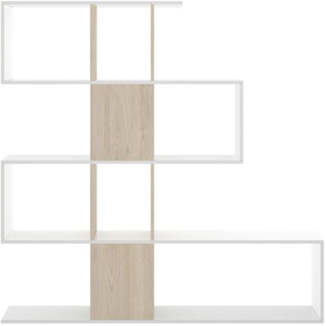 Dmora Librairie Pueblo, Bibliothèque à 7 compartiments, Étagère de bureau moderne, Unité murale avec étagères, cm 145x29h145, Blanc et Chêne, avec emballage renforcé