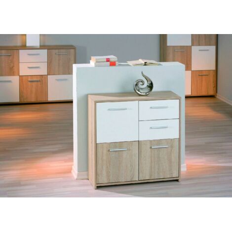 Dmora Buffet avec trois portes et deux tiroirs, blanc et chêne, Mesures 77 x 77 x 30 cm, avec emballage renforcé (1/5)