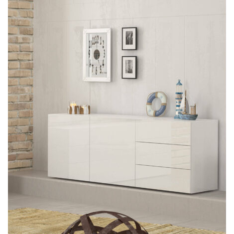 Dmora Buffet moderne avec 2 portes et 3 tiroirs, Made in Italy, Buffet de cuisine, Buffet design de salon, 170x40h35 cm, couleur blanc brillant, avec emballage renforcé