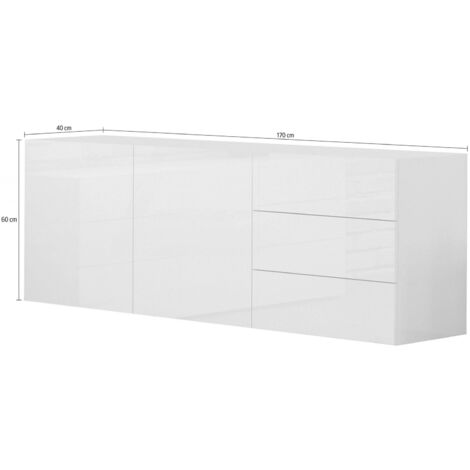 Dmora Buffet moderne avec 2 portes et 3 tiroirs, Made in Italy, Buffet de cuisine, Buffet design de salon, 170x40h35 cm, couleur blanc brillant, avec emballage renforcé