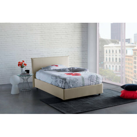 Talamo Italia Lit carré et demi Asmara, Lit conteneur avec revêtement en tissu, 100% Made in Italy, Ouverture frontale, avec matelas Cm 120x190 inclus, Beige, avec emballage renforcé (1/5)