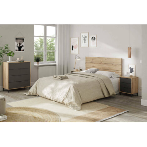 Dmora Table de nuit Birmingham, Chambre à coucher, Tête de lit et 2 tables de chevet à 3 tiroirs, cm 160x2, Chêne effet noeud et Anthracite, avec emballage renforcé (1/5)