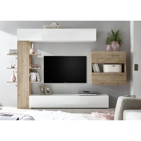 Meuble TV Murale GRUF - Ensemble Salon En Chêne Et Blanc - Dimensions 200x41x180 Cm - Capacité 50 Kg - Style Moderne