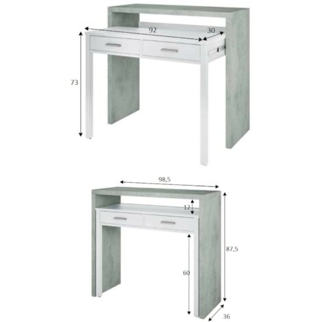 Dmora Table console Billings, Bureau avec plateau extensible, Bureau PC  avec 2 tiroirs, cm 99x36h88, Blanc, avec emballage renforcé