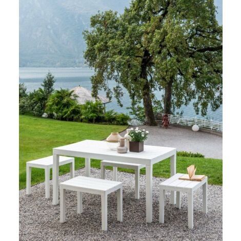Dmora Set salon d'extérieur Sanremo, Ensemble de jardin avec 1 table rectangulaire et 4 bancs, Ensemble d'intérieur et d'extérieur pour Pic Nic, 100% Made in Italy, Blanc, avec emballage renforcé