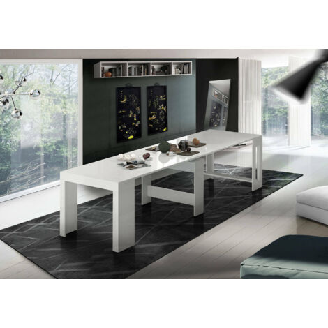 Dmora Table à manger moderne, Made in Italy, Console extensible jusqu'à 12 places, avec support d'extension,51x90h77 cm (jusqu'à 300 cm) couleur Blanc brillant, avec emballage renforcé (1/5)