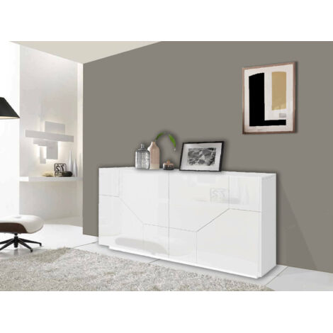 Dmora Buffet moderne à 4 portes géométriques, Made in Italy, Buffet d'entrée, Buffet design de salon, Cm 200x43h86, Blanc brillant, avec emballage renforcé (1/5)