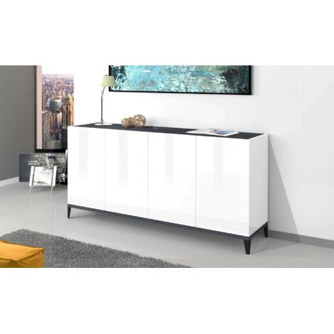 Buffet Moderne 4 Portes Design Géométrique Noir – 160x40x85 Cm, Rangement Spacieux, Style Contemporain