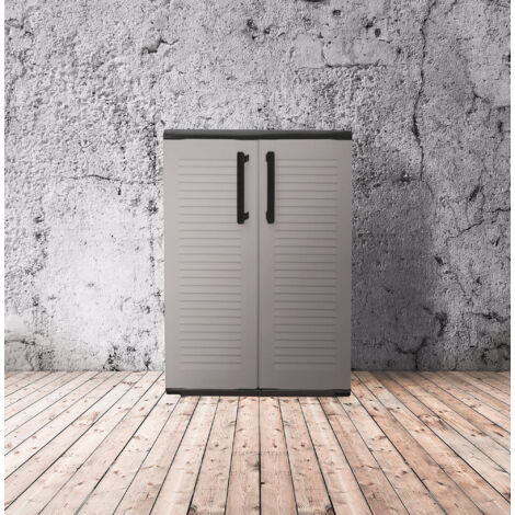 Dmora Cabinet polyvalent extérieure ou interne, armoire basse avec 2 portes et 1 étagère en polypropylène, 100% Made in Italy, 68x37h90 cm, couleur grise, avec emballage renforcé (1/5)