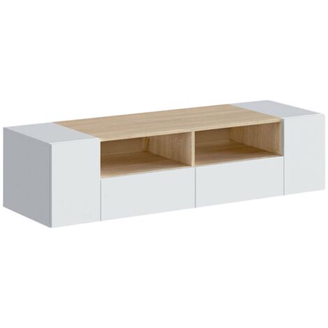 Dmora Support TV Topeka, Buffet TV salon, Meuble de télévision moderne, Buffet bas polyvalent, cm 138x42h36, Blanc et Chêne, avec emballage renforcé (1/5)
