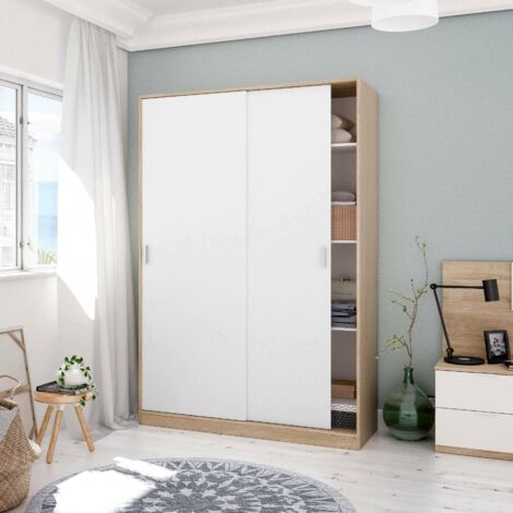 Dmora – Armoire de chambre 2 portes coulissantes 120x50x200 cm – 3 étagères et barre de cintre – Panneau mélaminé chêne et blanc – Montage facile - 120x50h200