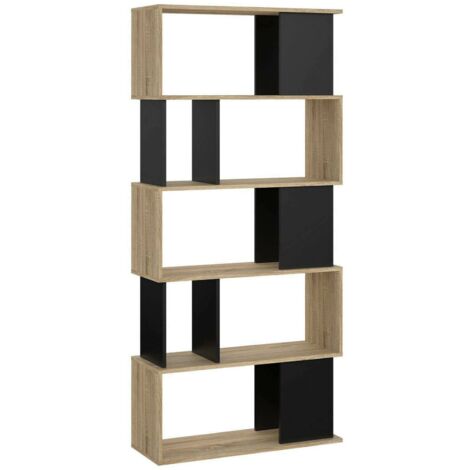 Dmora – Bibliothèque moderne 5 étagères asymétriques – Couleur chêne et noir – Dimensions 80 x 175 x 29 cm – Résistante aux chocs et rayures (1/5)