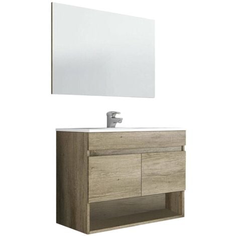 Dmora Meuble de comptoir Shreveport, meuble de salle de bain 2 portes, Armoire suspendue avec étagère et miroir, évier non inclus, cm 80x45h64, Chêne, avec emballage renforcé