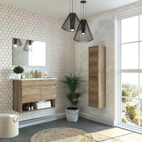 Dmora Meuble de comptoir Shreveport, meuble de salle de bain 2 portes, Armoire suspendue avec étagère et miroir, évier non inclus, cm 80x45h64, Chêne, avec emballage renforcé