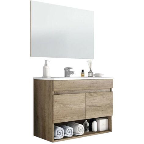 Dmora Meuble de comptoir Shreveport, meuble de salle de bain 2 portes, Armoire suspendue avec étagère et miroir, évier non inclus, cm 80x45h64, Chêne, avec emballage renforcé