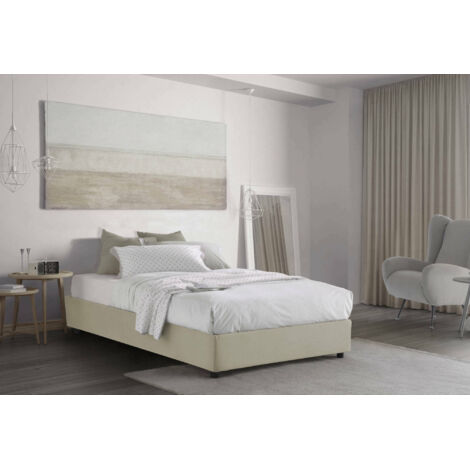 Talamo Italia Lit carré et demi Rebecca, Lit conteneur avec revêtement en tissu, 100% Made in Italy, Ouverture frontale, avec matelas 120x200 cm inclus, Beige, avec emballage renforcé (1/4)