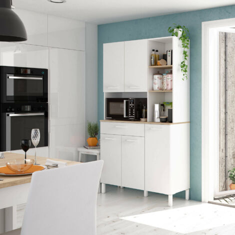 Dmora Armoire à usages multiples Laredo, Armoire de cuisine auxiliaire, Buffet avec 5 portes et 1 tiroir avec étagères, Armoire ouverte, cm 108x40h186, Blanc et Chêne, avec emballage renforcé (1/3)