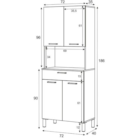 Armoire polyvalente avec quatre portes battantes et un tiroir, couleur blanche, Dimensions 72 x 186 x 40 cm