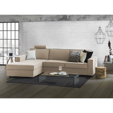 Dmora - Canapé fixe Dlovis, Canapé d'angle, 100% Made in Italy, Canapé Salon avec, péninsule de conteneur à gauche, avec accoudoirs fins, Cm 260x95h90, Beige (1/5)