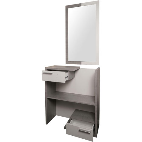 Meuble Entrée Moderne Avec Miroir - 43x32x90cm Blanc & Béton, Tiroir Et Étagère - Idéal Pour Petits Espaces Et Hall D'Entrée