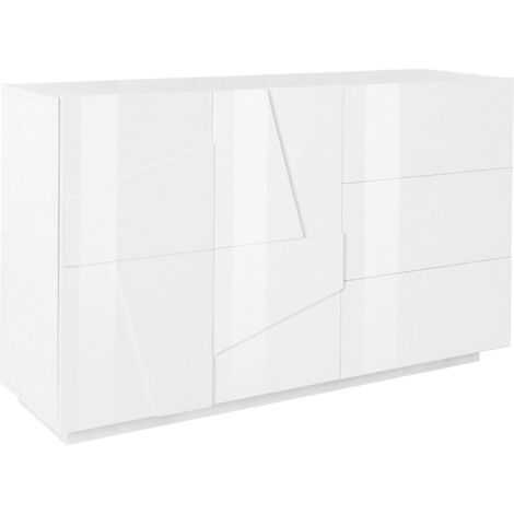 Buffet DUBAI 2 portes 3 tiroirs blanc/blanc brillant – Design moderne et rangement spacieux