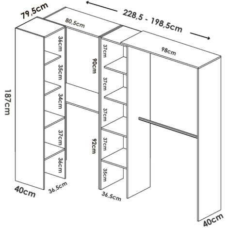 Dmora - Armoire Dmagrin, Structure pour dressing d'angle, Porte-manteau d'angle ouvert, 228x79h187 cm, Blanc