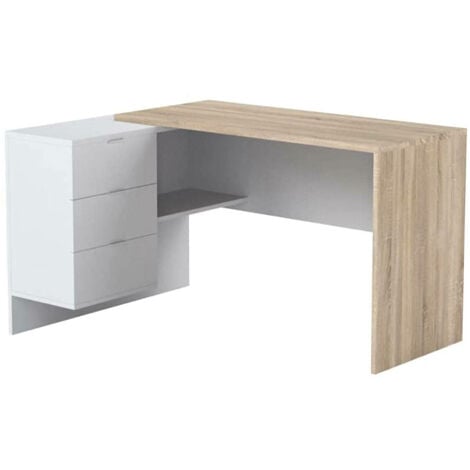 Bureau réversible avec commode 3 tiroirs, bureau d'étude d'angle, cm 145x108h73, couleur chêne et blanc