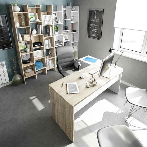 Bureau réversible avec commode 3 tiroirs, bureau d'étude d'angle, cm 145x108h73, couleur chêne et blanc