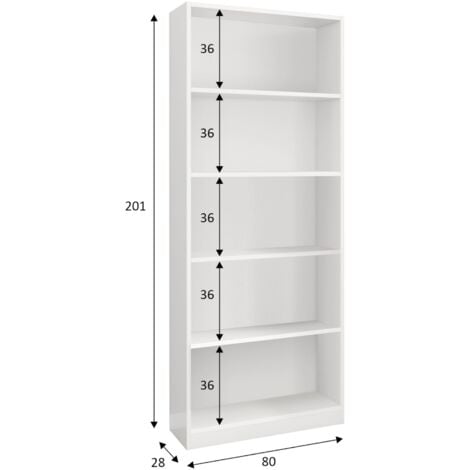 Dmora Bibliothèque Boston, Bibliothèque linéaire avec 4 étagères, Étagère de bureau ou de chambre, Bibliothèque moderne, cm 80x28h201, Blanc
