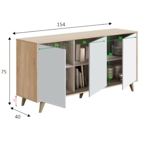 Dmora Buffet Arvada, Buffet moderne avec 3 portes et étagères, Buffet de cuisine, Buffet design de salon, cm 154x40h75, Chêne et Blanc
