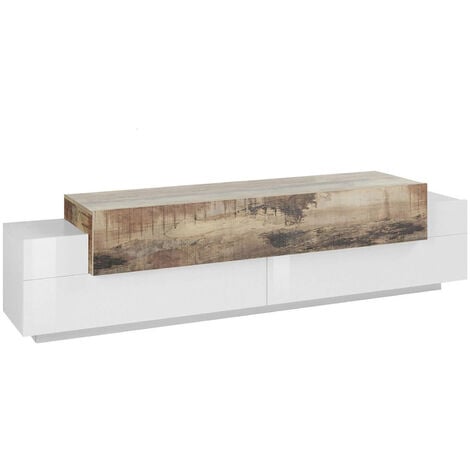 Dmora Meuble TV de salon, Made in Italy, Meuble TV avec 3 portes et étagères, cm 200x45h52, Couleur blanc brillant et érable