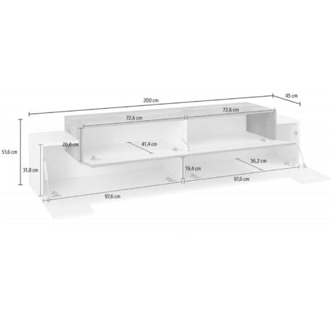 Dmora Meuble TV de salon, Made in Italy, Meuble TV avec 3 portes et étagères, cm 200x45h52, Couleur blanc brillant et érable